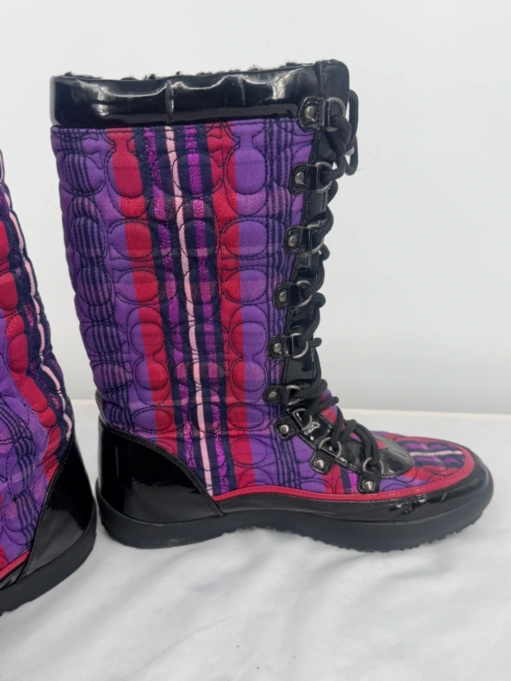Coach Peggy Winter Boots Plaid Patent Leather Fur Lined Size 9